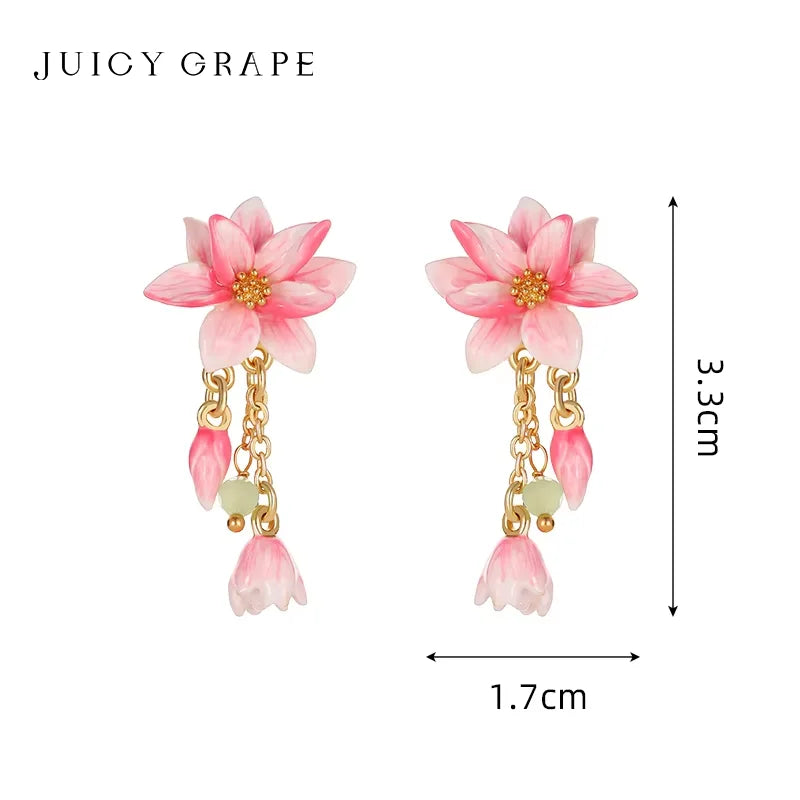 JUICY GRAPE Pink Magnolia Flower Charm Earrings for Women  S925 Silver Needle  Original Design  Light Luxury Summer Jewelry