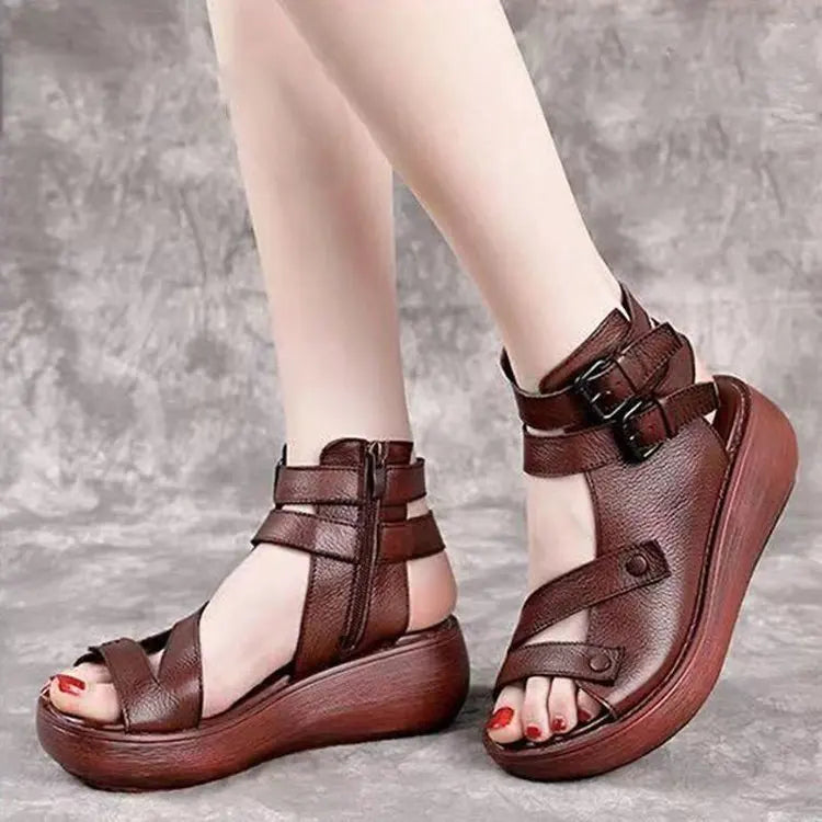 Women's Sandals Summer Mid Heeled Wedges Shoes for Women Retro Leather Gladiator Sandals Platform Rome Sandalias De Mujer