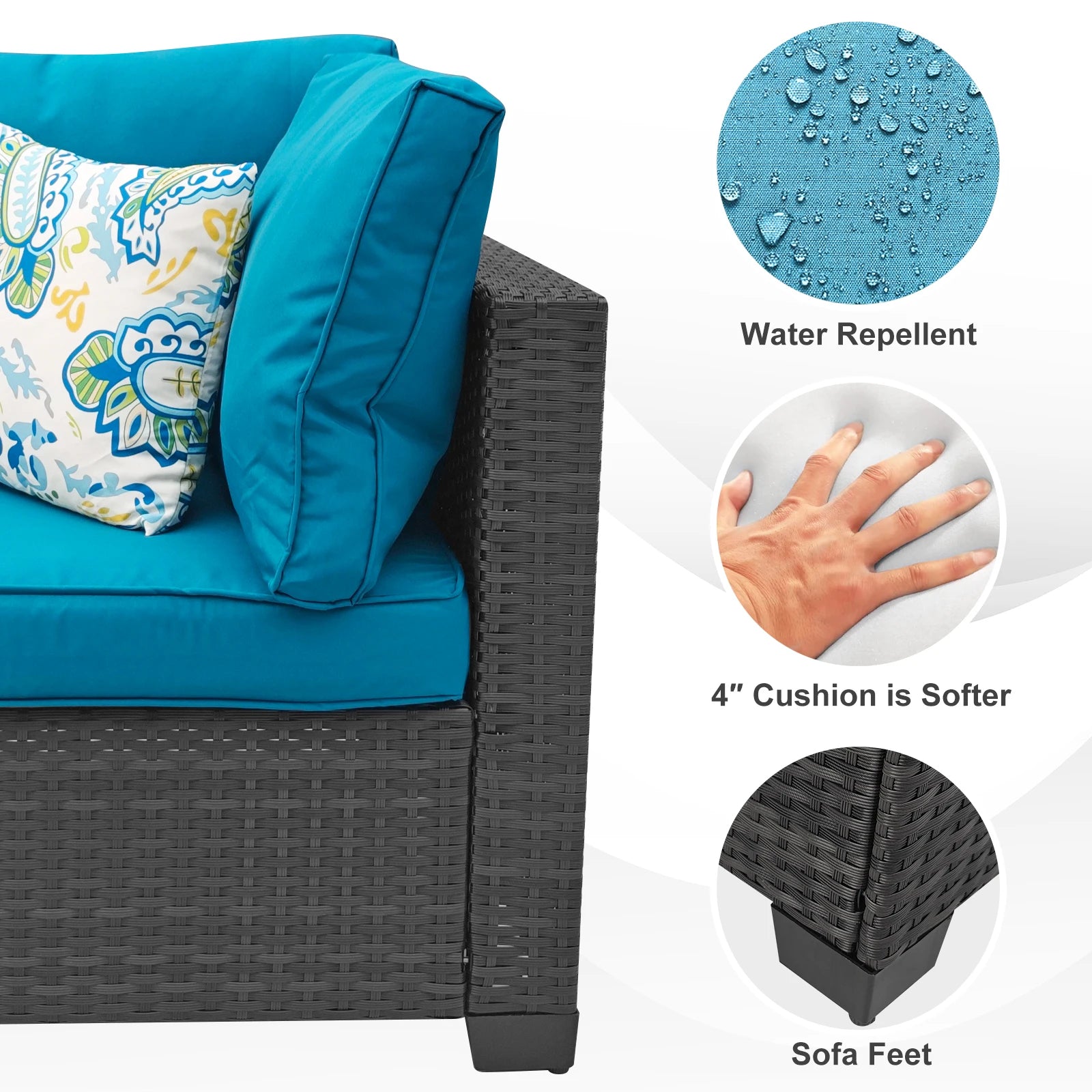 Patio Furniture Set 7 Piece - All-Weather Wicker Rattan Outdoor Conversation Set in Black/Peacock Blue for Backyard Garden Pool