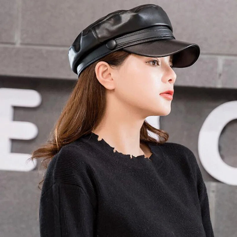 Fashion Unisex PU Leather Military Caps Spring Autumn Sailor Hats for Women Men Black Grey Flat Top Captain Cap Travel Cadet Hat