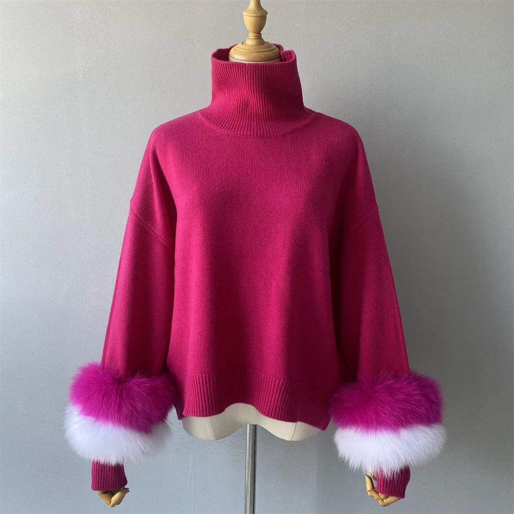 Jxwatcher Fashion Women Sweaters 2023 New Style Wool Knitted Pullover Real Fox Fur Cuffs Ladies Autumn Winter Warm Blouse Female