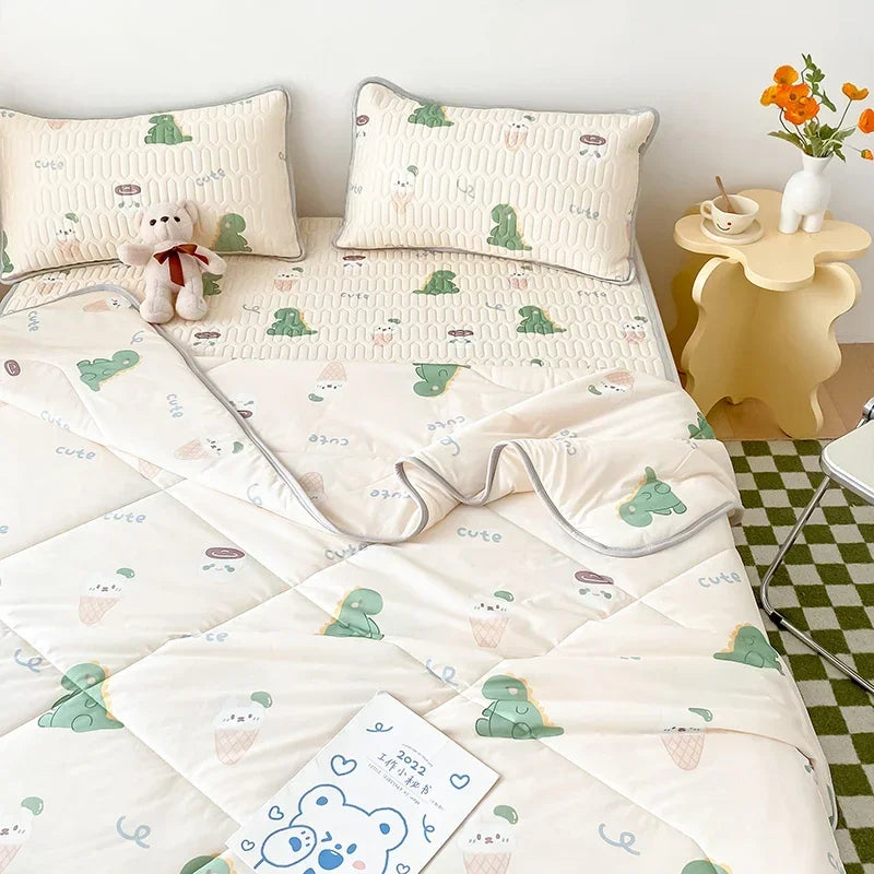 Cooling Summer Comforter Bedding Sets Double Sided Cool Feeling Fabric Duvet Summer Blanket Ice Silk Fitted Sheet and Pillowcase