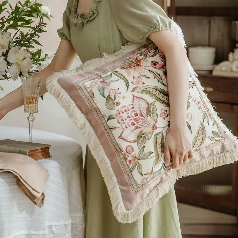 Pink Printed Fringed Pillow Cases Retro Light Luxury Pillow Cover Decorative Soft Dutch Velvet Round Cushion Cover Home Dector