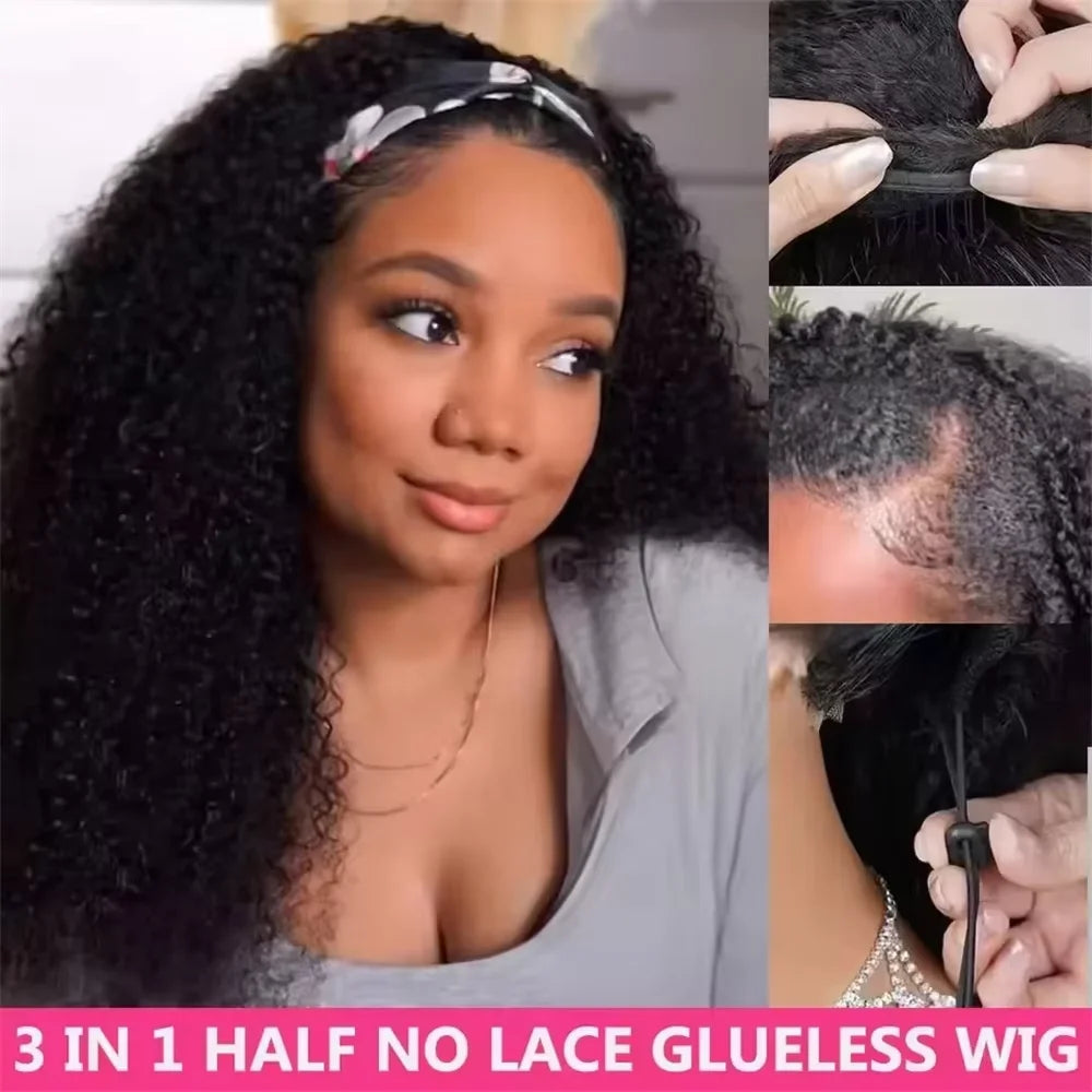 Burmese Curly Half Wig Human Hair Glueless Wig Human Hair Ready to Wear 3 IN 1 Half Wig Burmese Curly Flip Over Wig With Drawstring Seamless Clip Ins