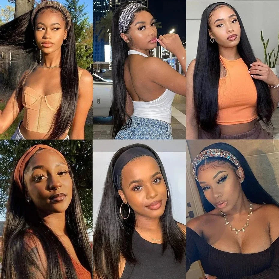 16 18 20Inch Headband Wig Human Hair Straight Headband Wigs for Black Women Glueless None Lace Front Human Hair Headband Wig Brazilian Virgin Hair Machine Made Wigs Natural Black 180% Density