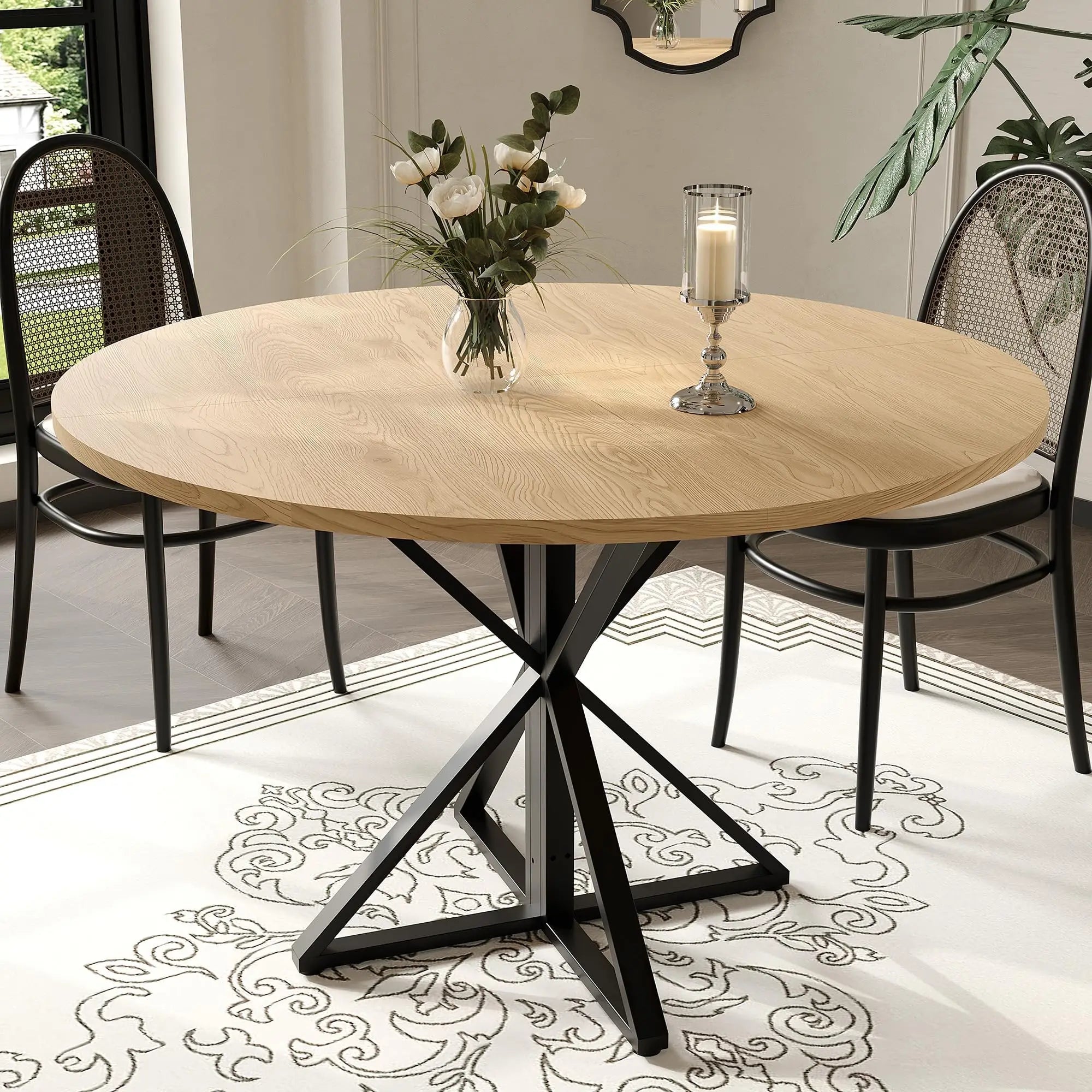 Garvee 4 People Version 47" Circle Counter Table: Oak Farmhouse Kitchen Living Room Dinner Ledge, Large Space-Saving Outside Framework Central Pedestal Desk for Dining Room Lounge Corridor Furniture Moving Tool Kit