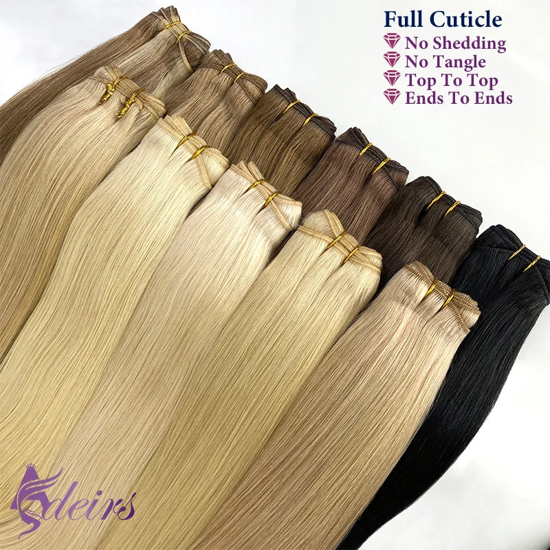 ADEIRS Straight Human Hair Weft Bundles European Remy Natural Human Hair Extension 14"-24" Can Curly Double Hair Weaves Blonde