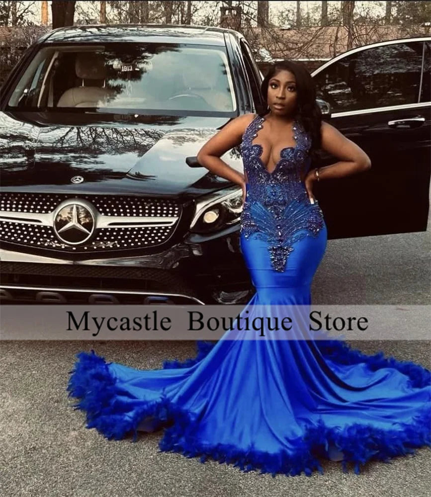 Customized Royal Blue Prom Dresses 2025 For Black Girl Luxury Rhinestone Crystals Feathers Birthday Party Dress Vestidos De Gala