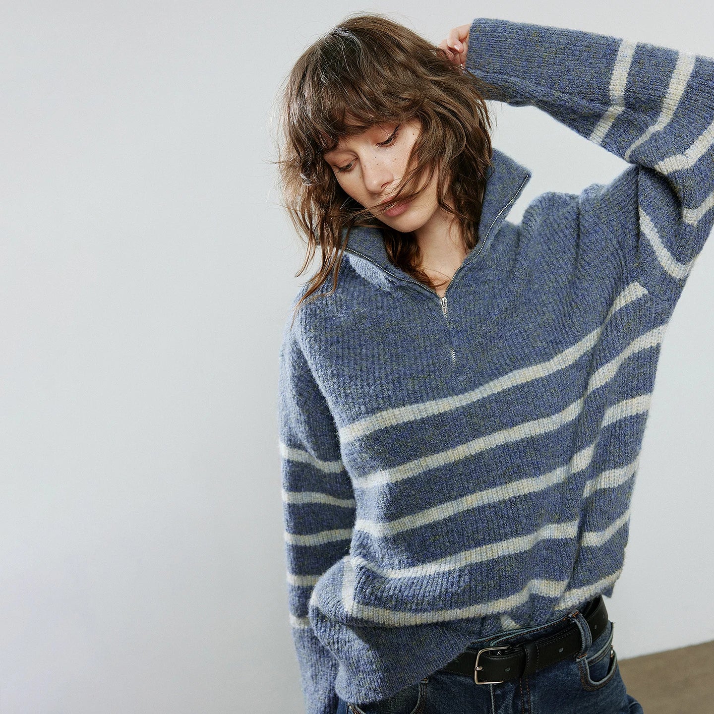 TOYOUTH Women Sweaters 2025 Winter NewAsymmetric Zipper Lapel Iridescent Faux Mohair Light Sports Top