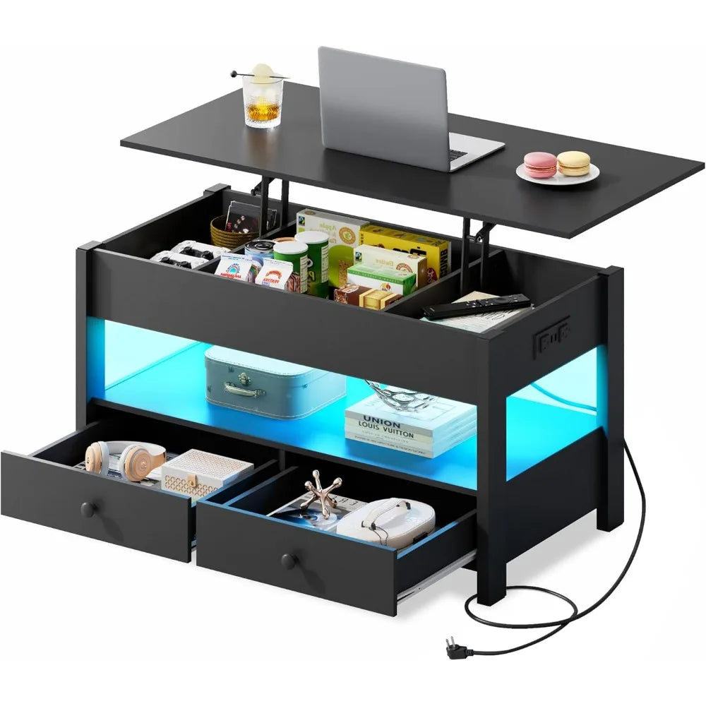 WLIVE Black Lift Top Coffee Table with 2 Drawers LED Light - Large Storage Open Shelf for Living Room Modern Home Furniture
