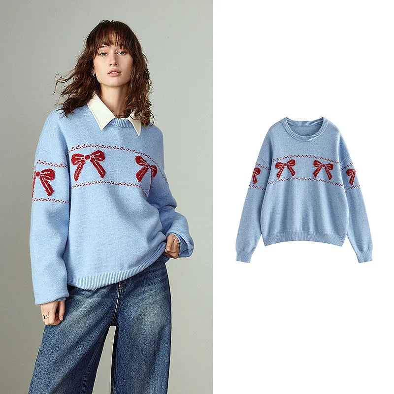 TOYOUTH Women Sweaters 2025 Winter New Bow Jacquard Retro Age-reducing Crew-neck Slightly Loose Warm Tops
