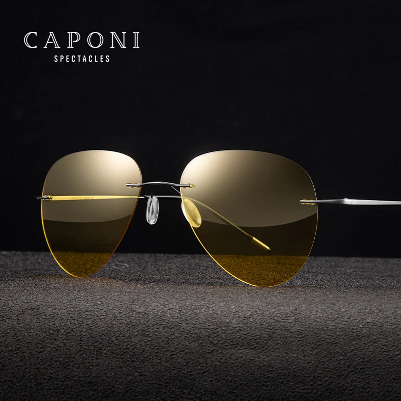 CAPONI Rimless Sunglasses Night Vision Yellow Pilot Sun Glasses For Men Women Discoloration Multifunction UV400 Glasses BSYS7466