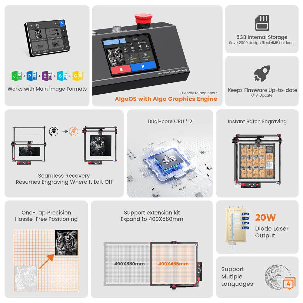 Algolaser DIY KIT MK2 Powerful Laser Engraver Cutter Tools Metal Glass Wifi/PC Wood CNC Lase Engraving Cutting Machine Printer
