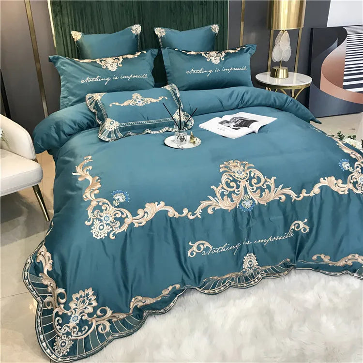 European Style Egyptian 100% Cotton Bedding Set Golden Embroidery Home Textiles Duvet Sheet Pillowcases Set Full King Queen Size