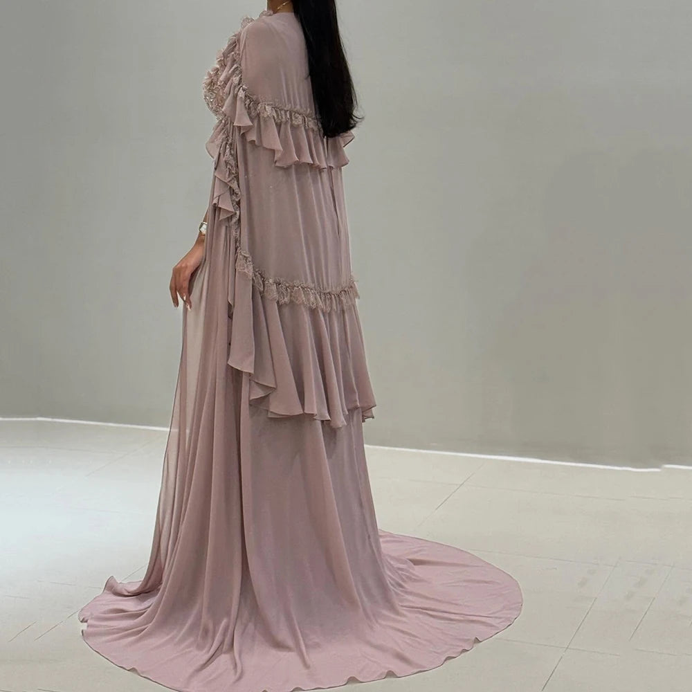 Customized Mermaid Evening Dresses Floor-length O-neck Sleeveless Prom Gown Fashion Flowers Crystal Stole Draped Party Gown
