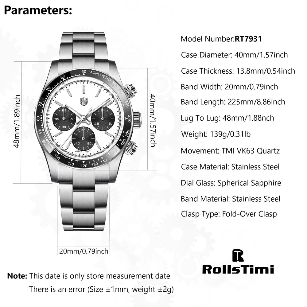 RollsTimi2026new men's watch top outdoor light sports men's quartz watch chronograph AR sapphire mirror fashion clock waterproof