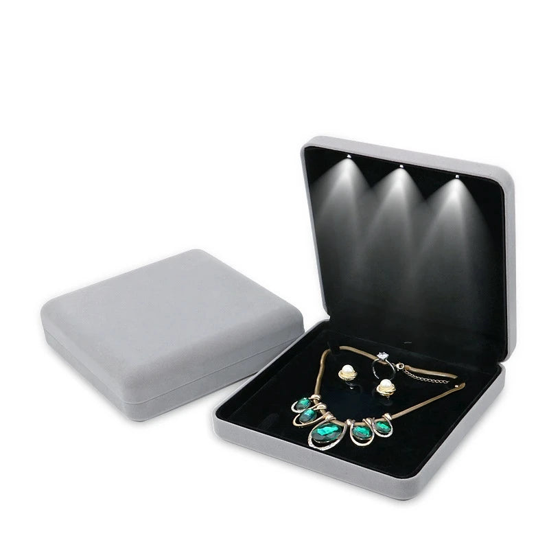 Large Velvet LED Jewelry Set Box Necklace Earrings Ring Jewellery Gift Display Storage Case with Custom Logo