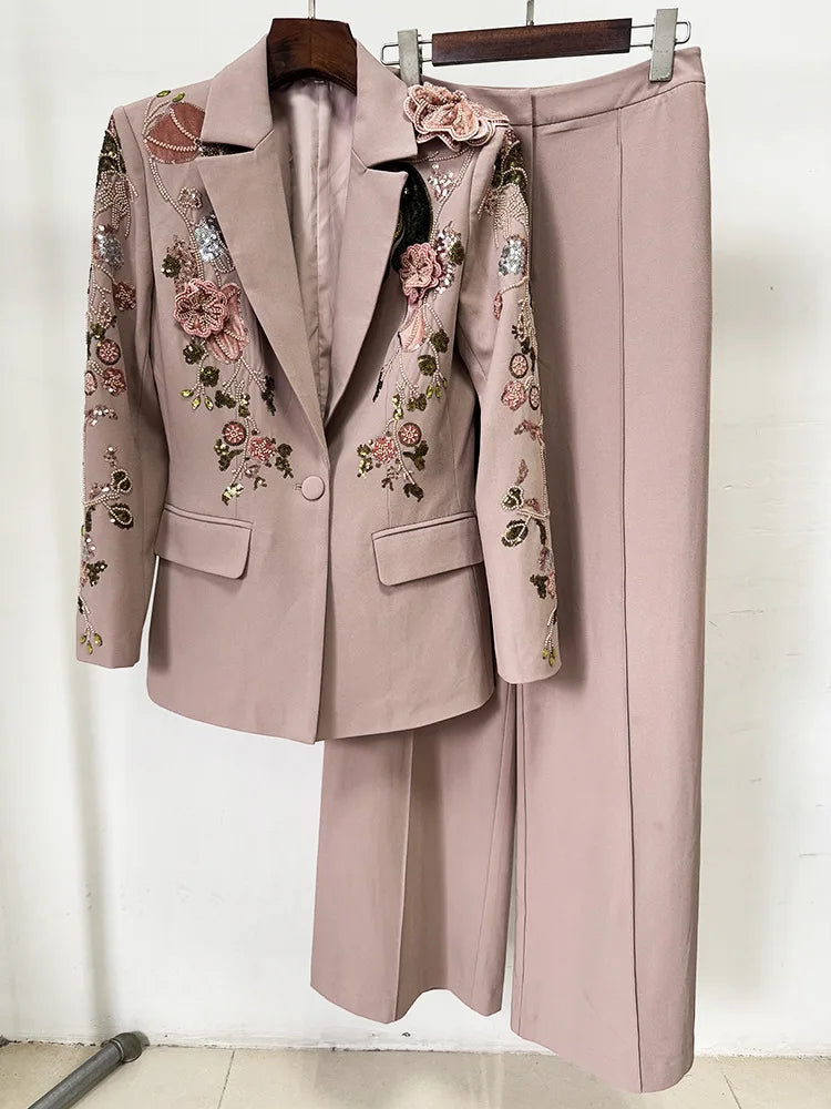 HIGH STREET Newest Fashion Designer Runway Suit Set Women's 3D Flowers Beaded Blazer Wide Leg Pants Set