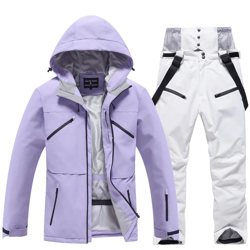 NEW Fashion Men Women Winter Ski Suit Windproof Waterproof Snowboard Jacket and Pants Snow Clothes Female Skiwear Pure White