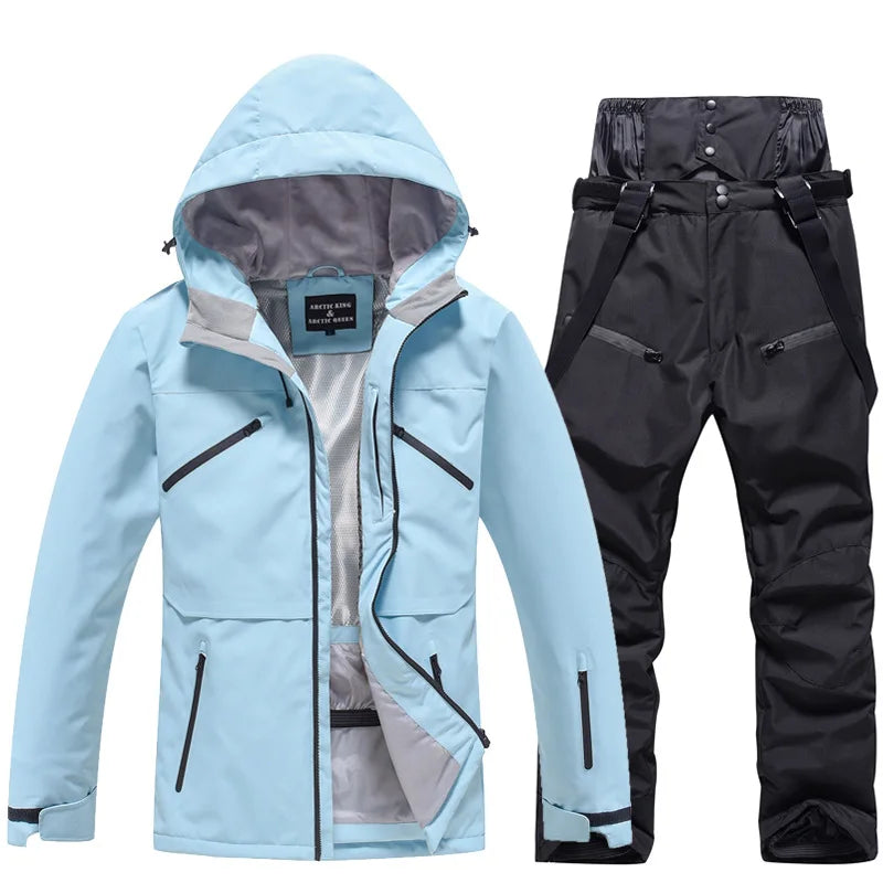 NEW Fashion Men Women Winter Ski Suit Windproof Waterproof Snowboard Jacket and Pants Snow Clothes Female Skiwear Pure White