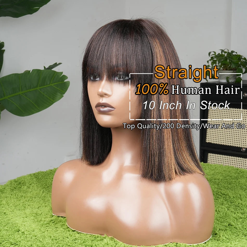 Highlight Straight Human Hair Wigs Black With Brown 10 Inch HD 1x4 Lace Glueless Wear And Go Bob Wig With Bangs For Women