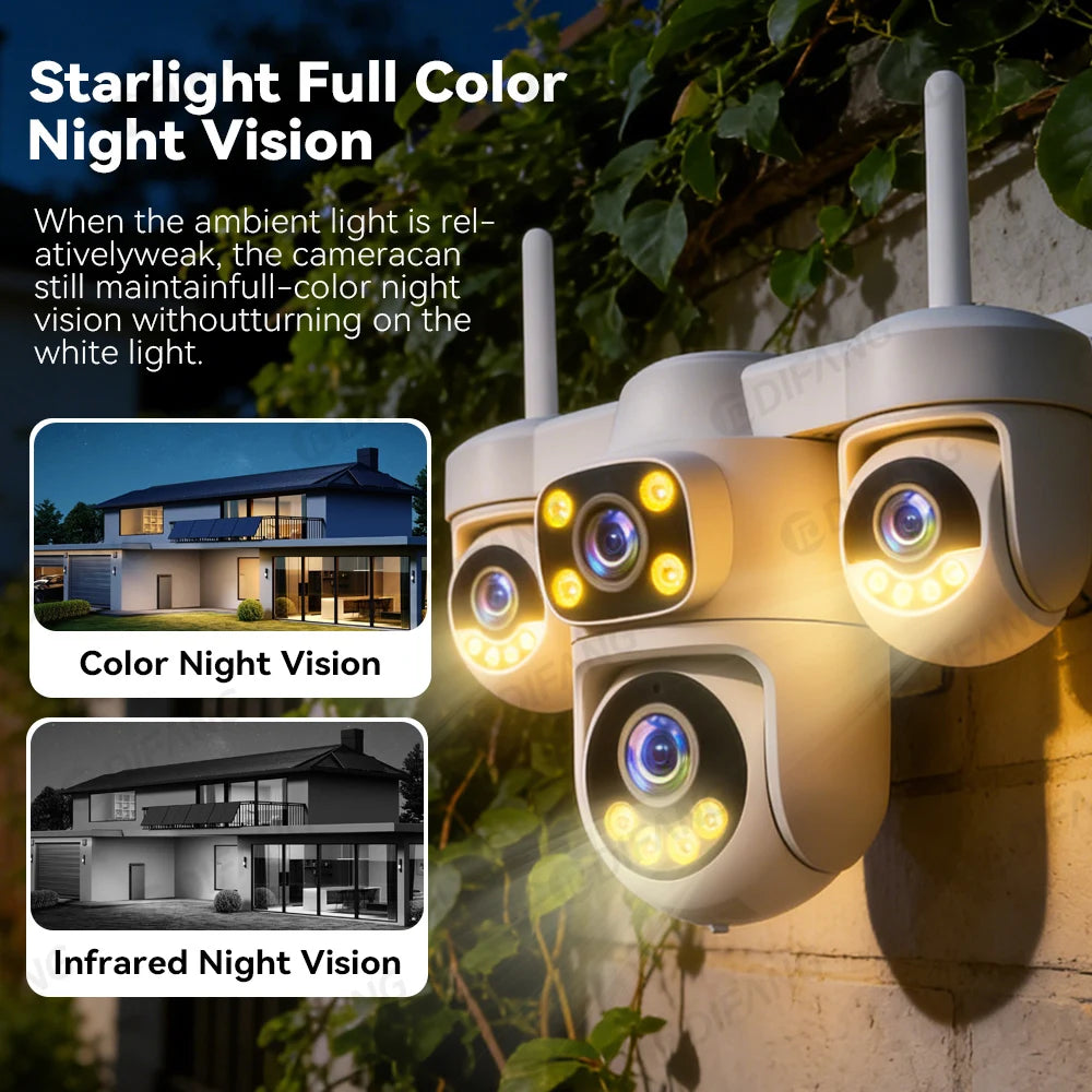 New 20MP WiFi Security Camera 4 Lens 4 Screen 6 Motors 3 PTZ 5X Digital Zoom 360° Auto Tracking IP66 Waterproof Outdoor CCTV 10K