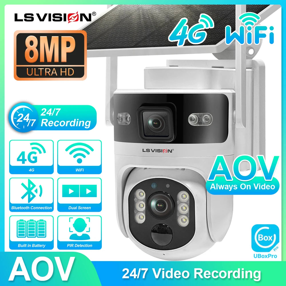 LS VISION Outdoor Surveillance Camera Wifi Security Cameras 4G 24/7 Recording AOV+PIR Human Detection Auto Tracking UBOX Pro