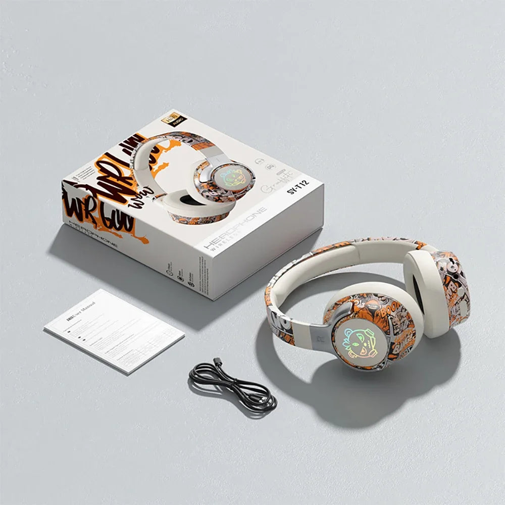 Bluetooth 5.3 Gaming Wireless Headset, Low Latency, Noise Cancelling Mic, RGB Light, Over-ear Headphones for PC