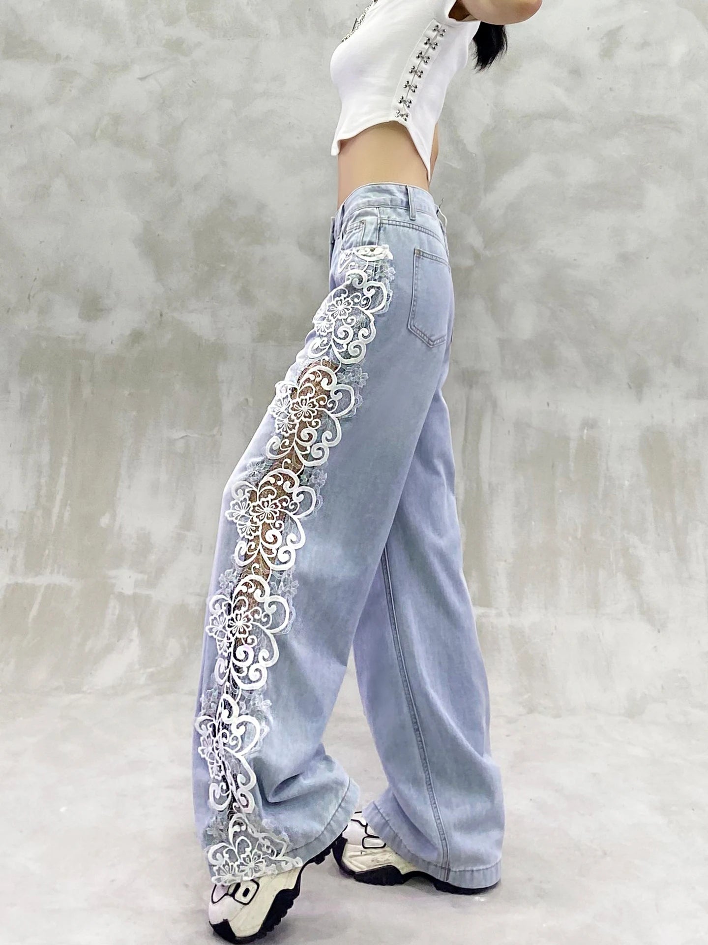 Fashion Light Blue Lace Hollow Splicing Leisure Jeans Women's Summer New High Waist Loose and Versatile Straight Wide-leg Pants