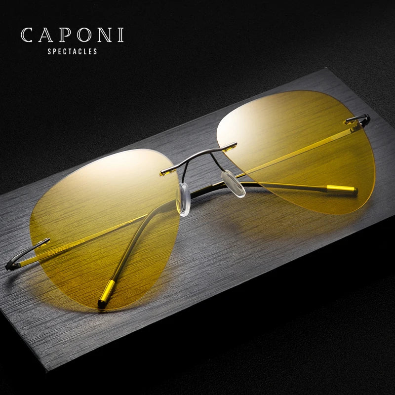 CAPONI Rimless Sunglasses Night Vision Yellow Pilot Sun Glasses For Men Women Discoloration Multifunction UV400 Glasses BSYS7466