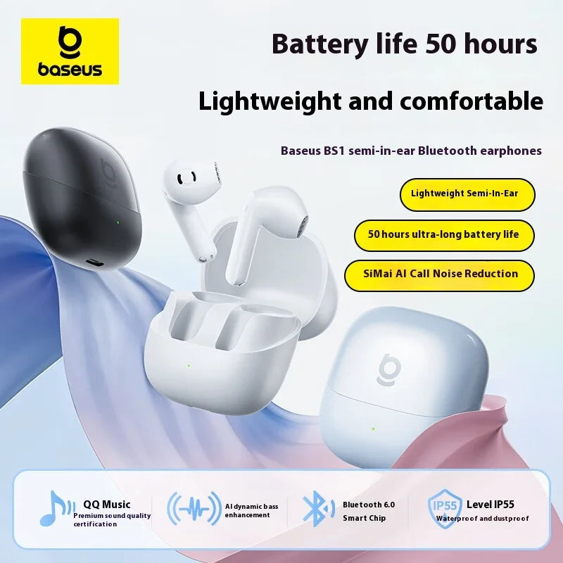 Baseus BS1 Wireless Bluetooth Earphone With 4Mics Noise Reduction Long Battery Life Lightweight Waterproof Sports Earbuds Custom