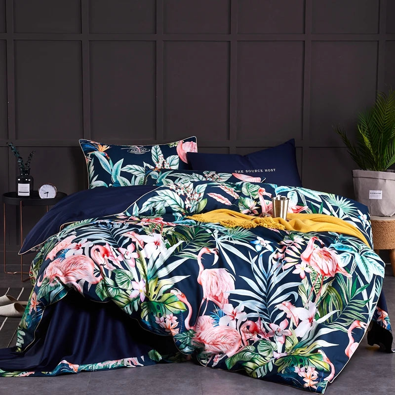 Flower Bird Digital Printing Bedding Sets 600TC Egyptian Cotton 4pcs Bed Linen Duvet Cover Set Luxury Bed Sheets Pillowcases #s