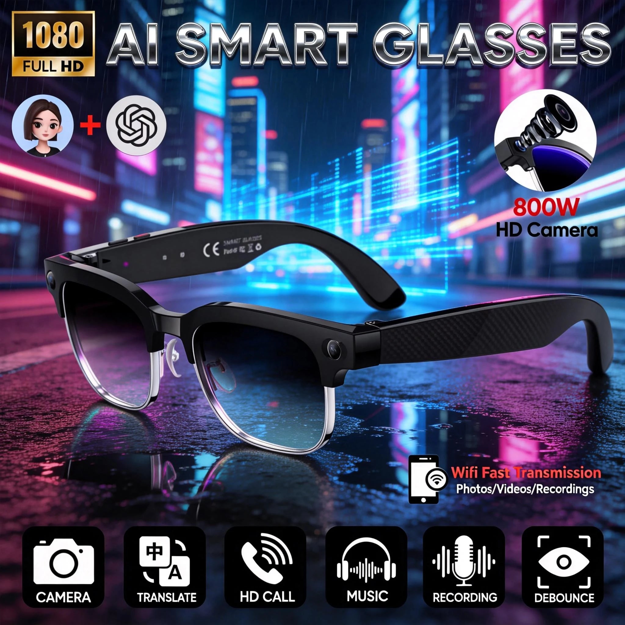2026 New Fashion Smart Glasses With Camera Video Recording AI Photo Recognition Bluetooth Call Translation Voice Sunglasses Men