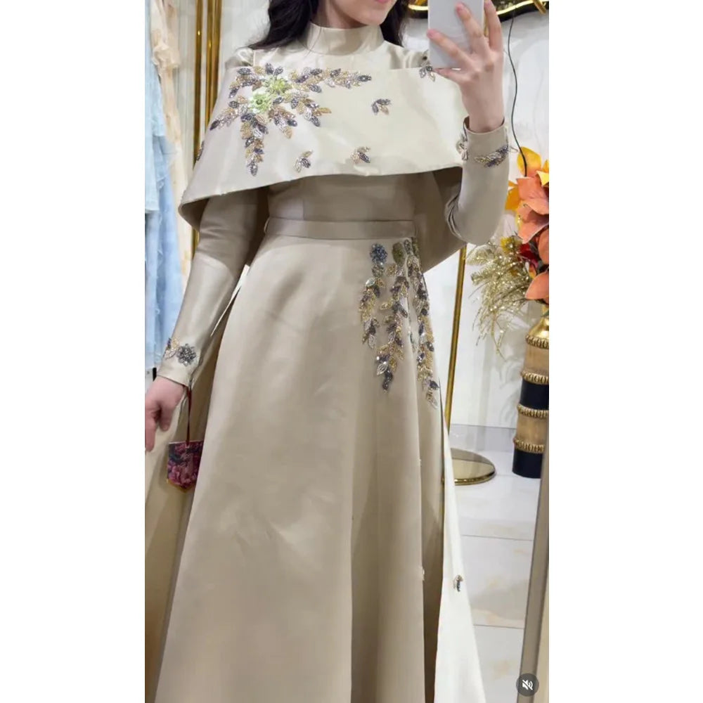 Customized A-line Evening Dresses Floor-length High-neck Full Sleeve Prom Gown Fashion Sequined Flowers Simple Draped Party Gown