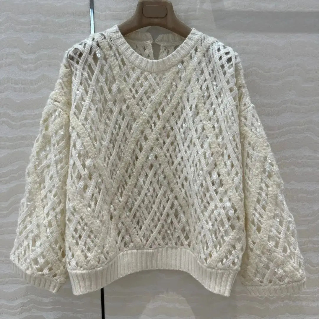 Naizaiga 100 Cashmere O-Neck Hollow out Sequins Reglan Sleeve White Brown Women Sweaters Pullovers NHPL2