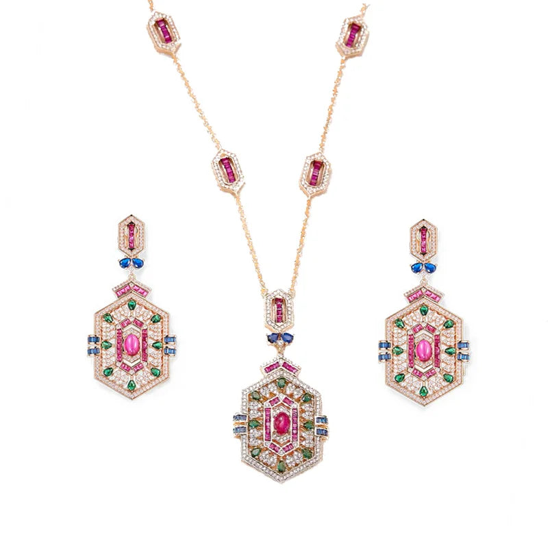 Vintage Style Earrings Necklace Women Lady Inlay Cubic Zircon Synthetic Ruby Rhombus Tassels Pendant Party Jewelry Sets