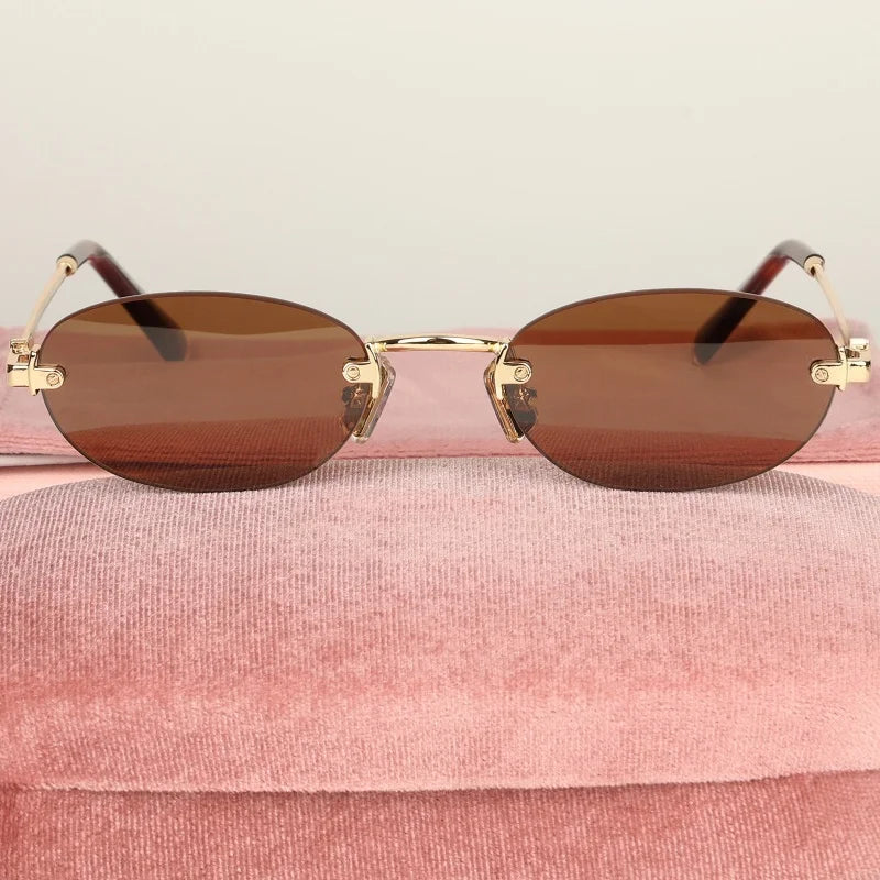 New Oval Rimless Sunglasses For Women Brand Desinger Fashion Ladies Small Eyeglasses Girls Travel Driving Goggles SUN GLASSES