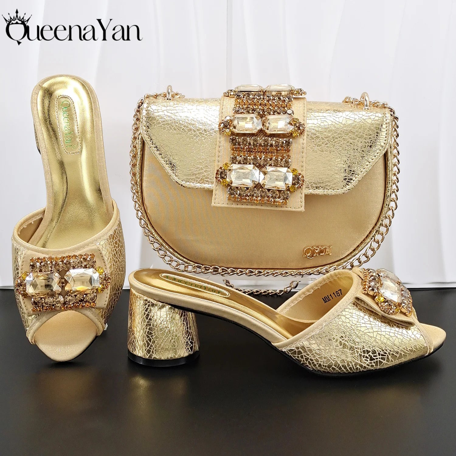 QueenaYan Italian Design Fashion Mature Style Rhinestone Peep Toe Party Women's High Heels with Diamond Oval Bag for Sky Blue