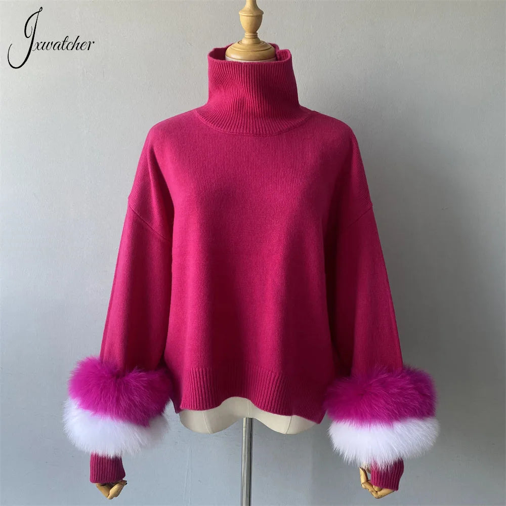 Jxwatcher Fashion Women Sweaters 2023 New Style Wool Knitted Pullover Real Fox Fur Cuffs Ladies Autumn Winter Warm Blouse Female