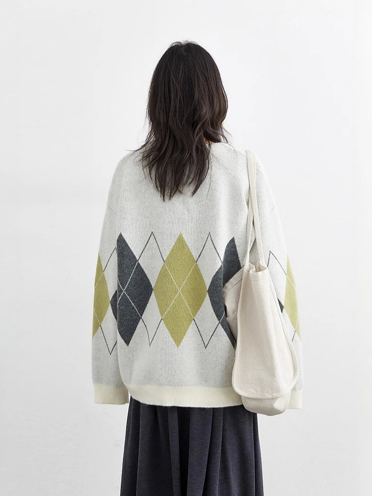 CHIC VEN Women Sweaters Loose Casual Retro Diamond Grid Jacquard Knitted Ladies Cardigan V-neck Jumpers Autumn Winter 2025