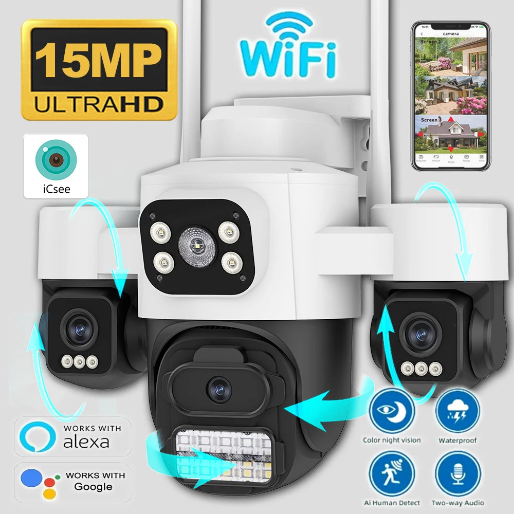 ICsee15MP Security Camera 3-HD Screen PTZ Outdoor WiFi IP Cam with Auto Tracking IP66 Waterproof 2-Way Audio CCTV Surveillance