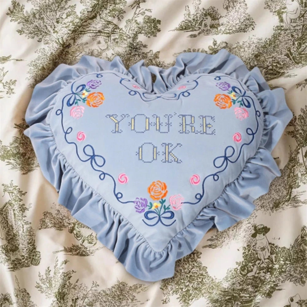 European-Style Pillow Two-Sided Sponge Balcony Cushion Home Decoration Embroidery Letter Printing Ruffled Round Love Pillowcase