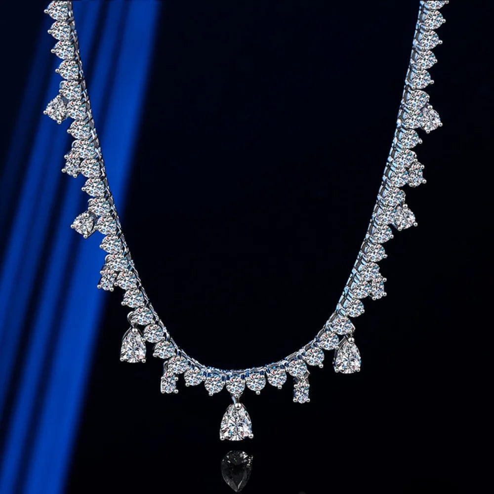 Full 3MM Moissanite Tennis Necklace with Pear Pendant 925 Sterling Silver Tassel Lab Diamond NeckChain for Women Wedding Jewelry