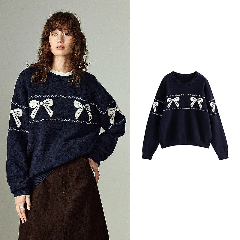 TOYOUTH Women Sweaters 2025 Winter New Bow Jacquard Retro Age-reducing Crew-neck Slightly Loose Warm Tops