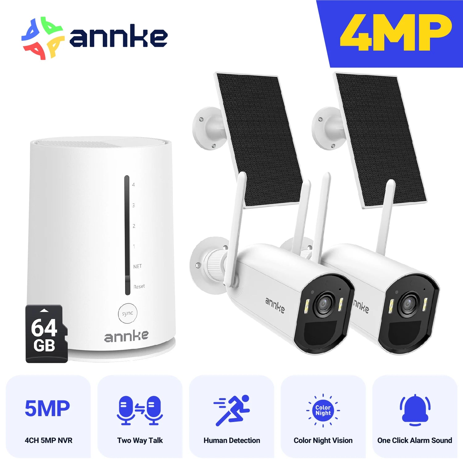 Annke 4MP Solar Security Cameras 4CH Wireless NVR 4mm Color Night Vision IP Camera Audio 2.4G 5.8G Solar Wifi Camera Outdoor