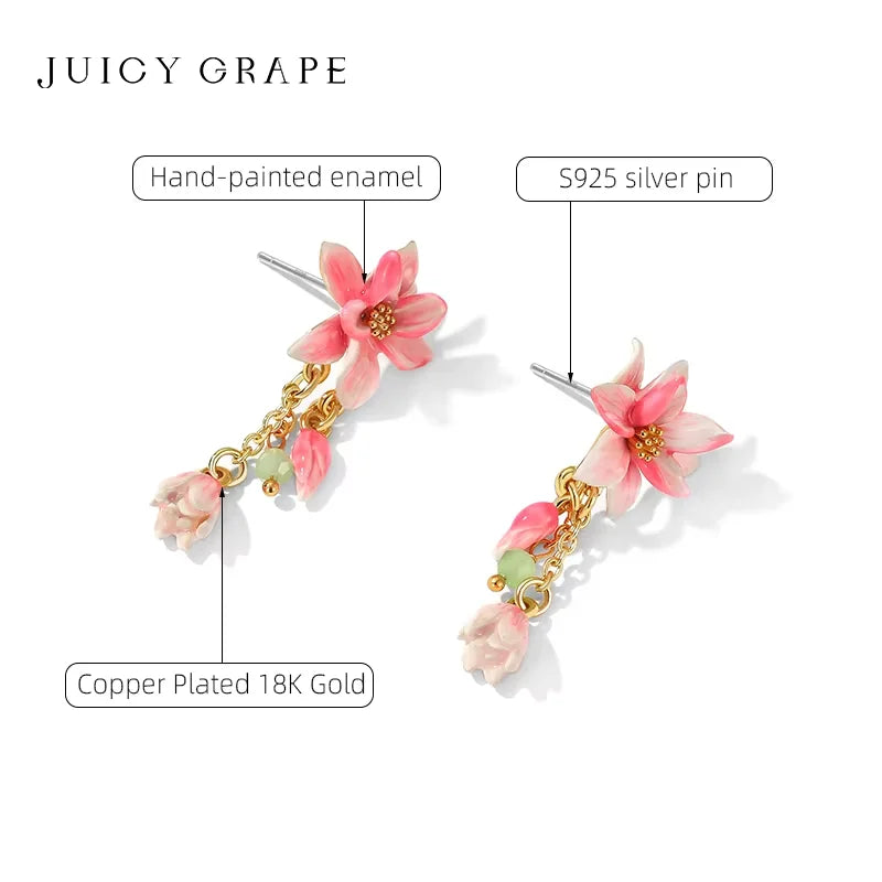 JUICY GRAPE Pink Magnolia Flower Charm Earrings for Women  S925 Silver Needle  Original Design  Light Luxury Summer Jewelry