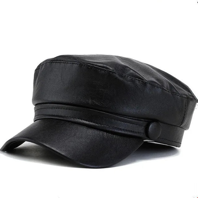 Fashion Unisex PU Leather Military Caps Spring Autumn Sailor Hats for Women Men Black Grey Flat Top Captain Cap Travel Cadet Hat