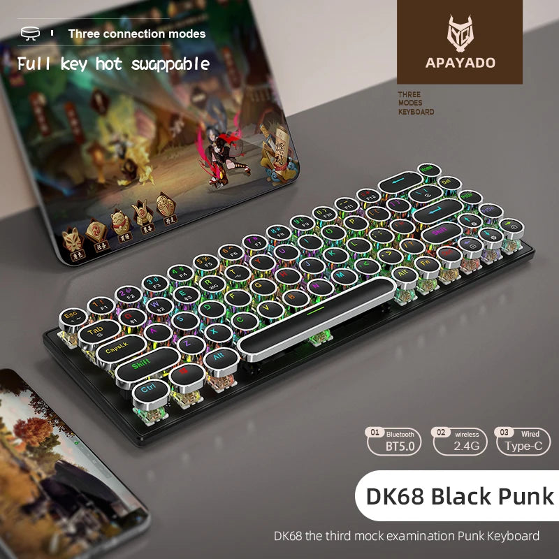DK68 Punk Mechanical Keyboard Wireless APAYADO Dynamic RGB Lighting,68Keys Bluetooth Tri-Mode Connection,Full-key Hot-Swap