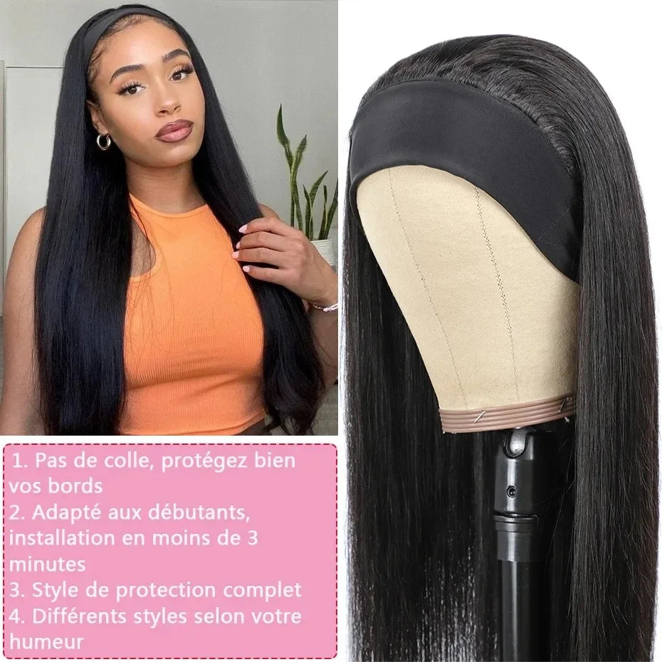 16 18 20Inch Headband Wig Human Hair Straight Headband Wigs for Black Women Glueless None Lace Front Human Hair Headband Wig Brazilian Virgin Hair Machine Made Wigs Natural Black 180% Density