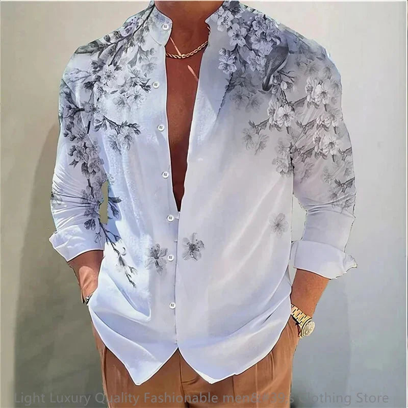 New men's shirt long-sleeved shirt 3D printing flower pattern long-sleeved standing clothing fashion casual XS-6XL soft fabric
